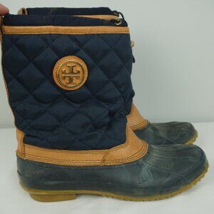 Tory Burch DENAI Quilted Rain Bootie Navy Blue Quilted Rubber Boots‎ Size 8